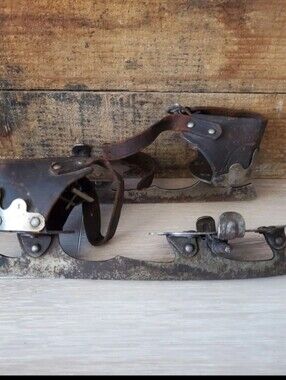 Vintage Strap-On Ice Skates - Brown Leather & Tarnished Silver Blades